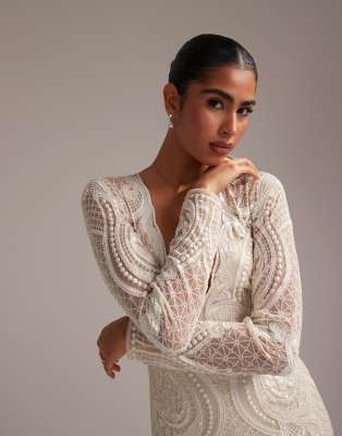Asos Design Embroidered Plunge Long Sleeve Maxi Wedding Dress In White
