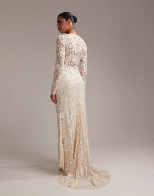 ASOS DESIGN embroidered plunge long sleeve maxi wedding dress in ivory