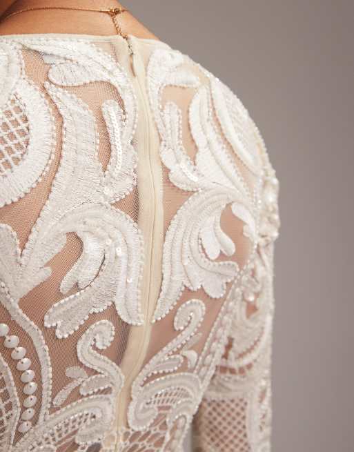 ASOS DESIGN embroidered plunge long sleeve maxi wedding dress in ivory