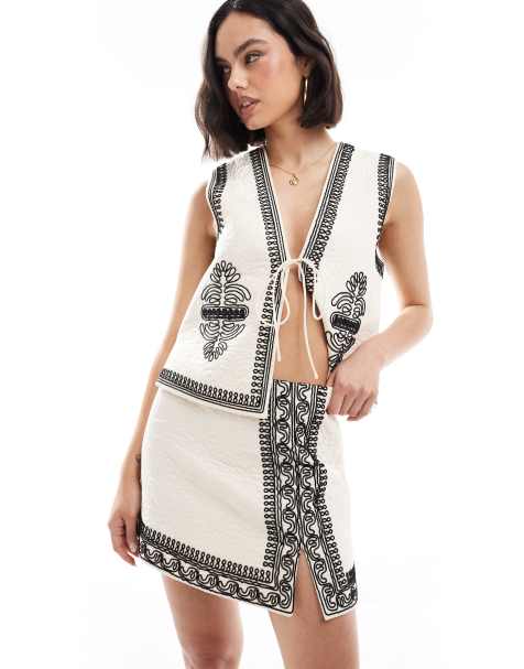 ASOS DESIGN embroidered quilted mini skirt in cream (part of a set) - view 1
