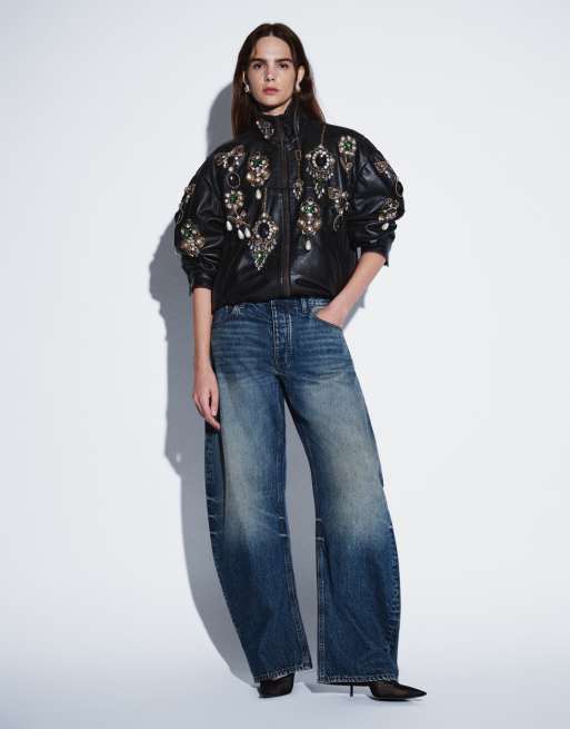 ASOS DESIGN embroidered real leather funnel bomber jacket in black, 2 of 4