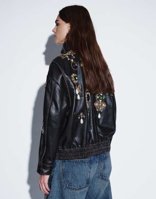 ASOS DESIGN embroidered real leather funnel bomber jacket in black, 4 of 4