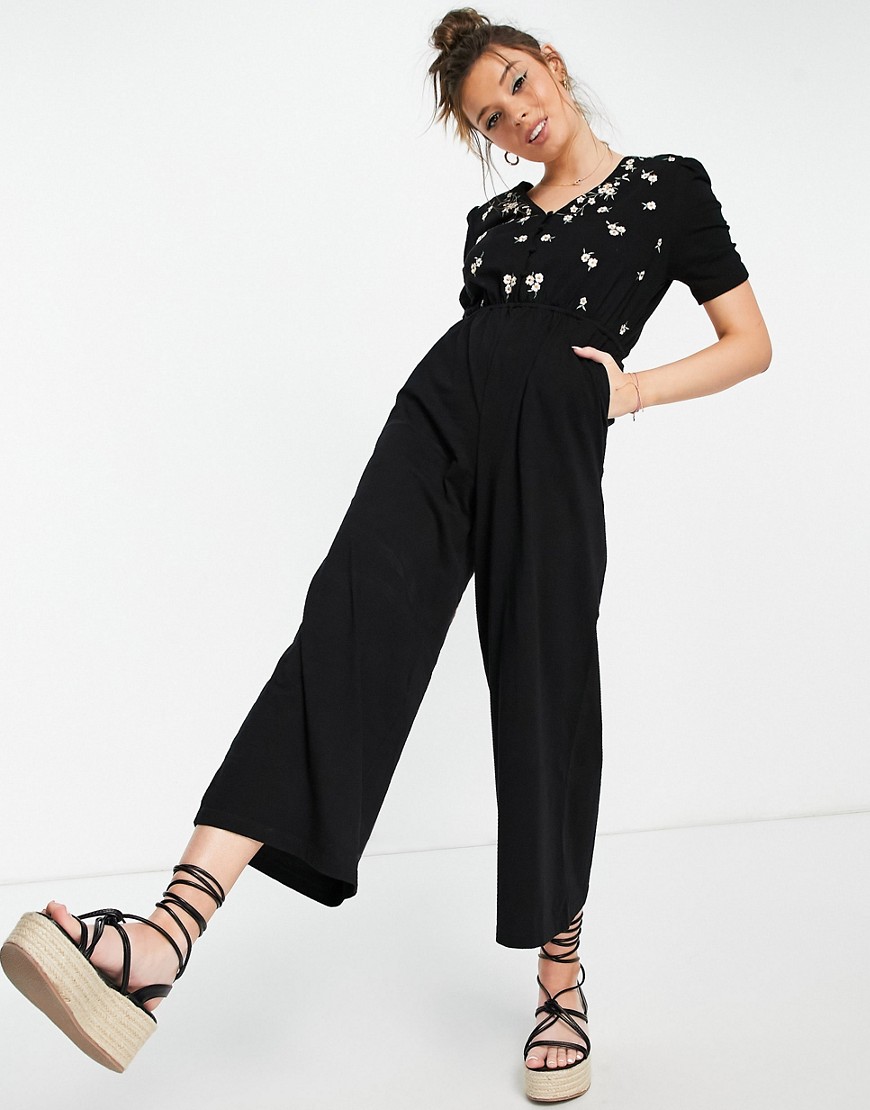 ASOS DESIGN embroidered ruched sleeve jumpsuit in black