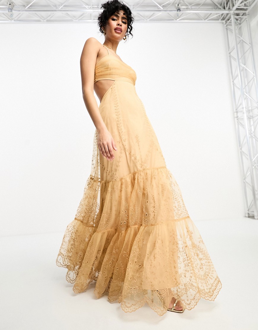 ASOS DESIGN embroidered ruched voile cut out tiered maxi dress in gold