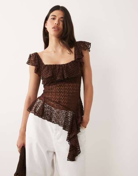 ASOS DESIGN embroidered ruffle asymmetric top in chocolate - view 1