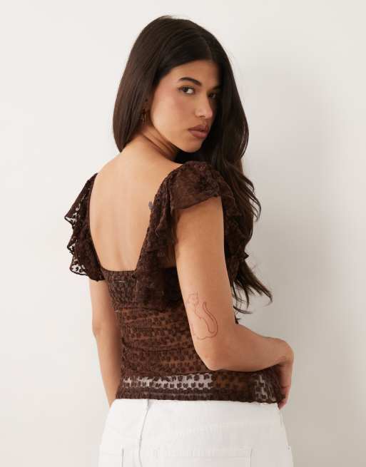 ASOS DESIGN embroidered ruffle asymmetric top in chocolate, 4 of 4