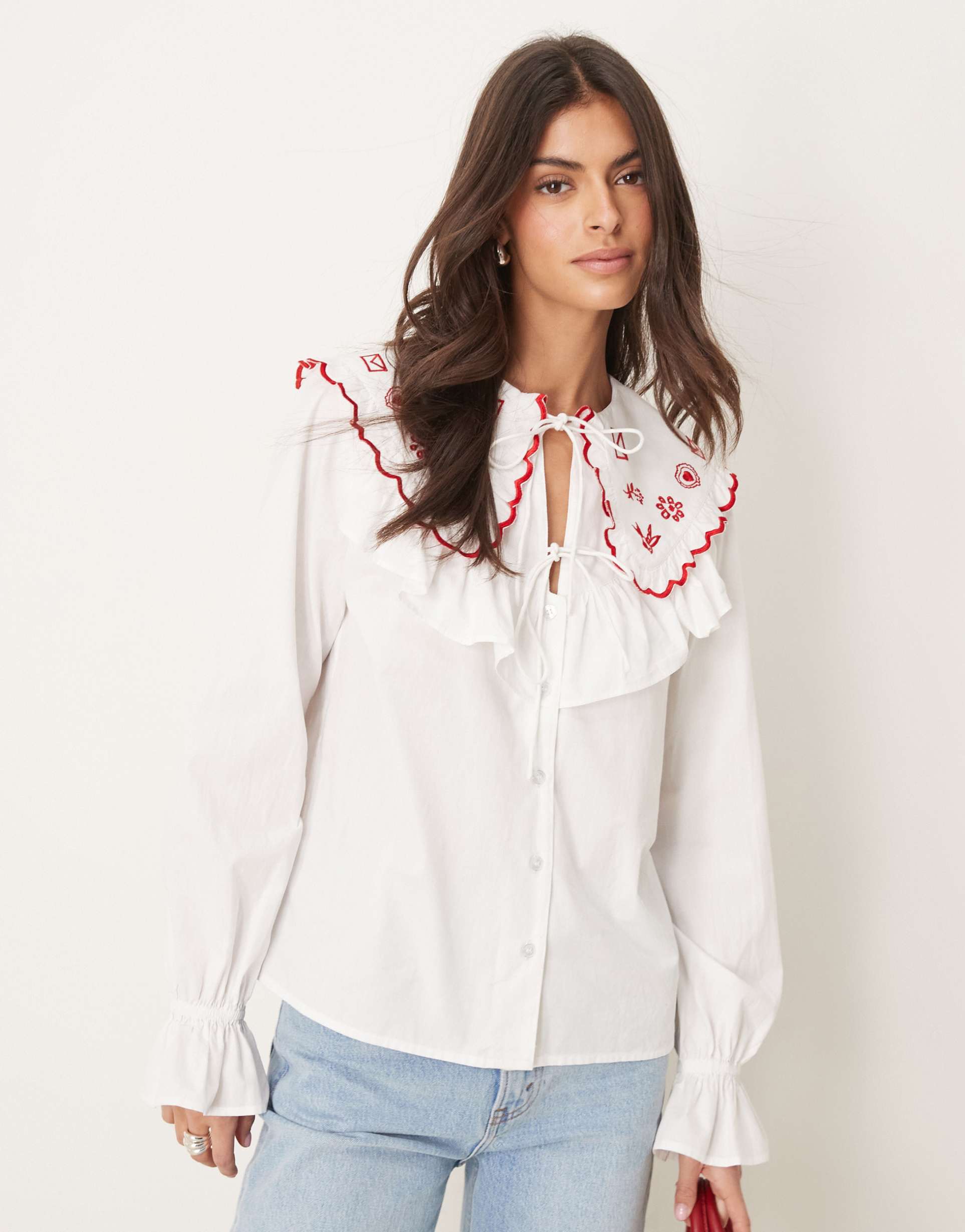 asos design embroidered ruffle collar shirt in white