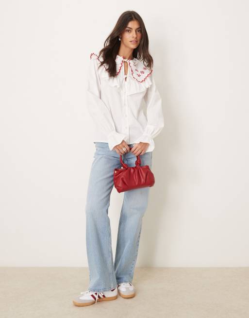 ASOS DESIGN embroidered ruffle collar shirt in white ASOS