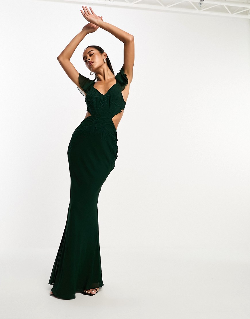 ASOS DESIGN embroidered ruffle maxi dress with lace inserts in forest green