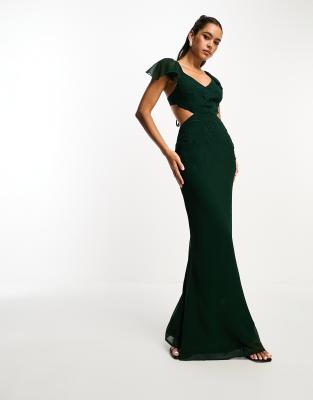 ASOS DESIGN embroidered ruffle maxi dress with lace inserts in forest green  | ASOS