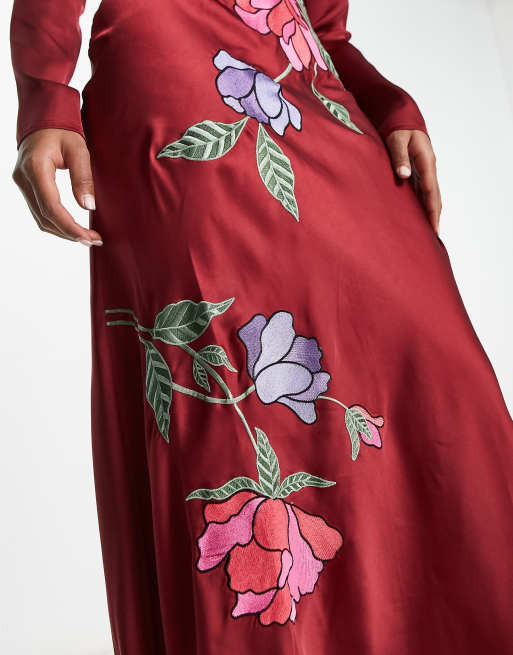 ASOS DESIGN embroidered satin long sleeve maxi dress in berry red