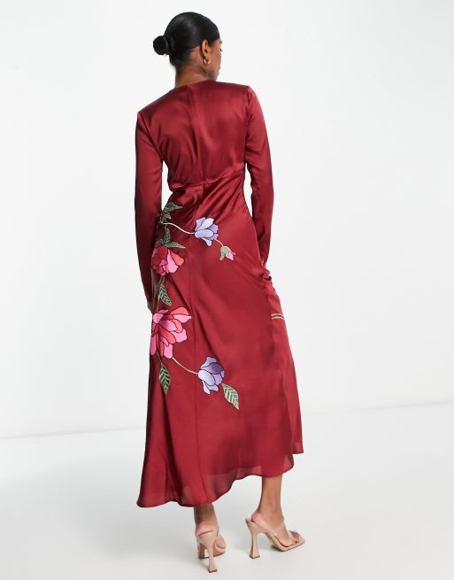 ASOS DESIGN embroidered satin long sleeve maxi dress in berry red ASOS