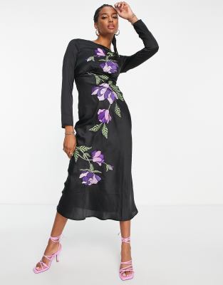 Asos design long sleeve midi dress 2025 with embroidered flowers and ruffle detail