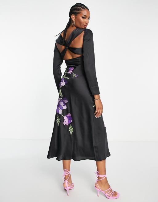 Asos design long sleeve midi dress outlet with embroidered flowers and ruffle detail