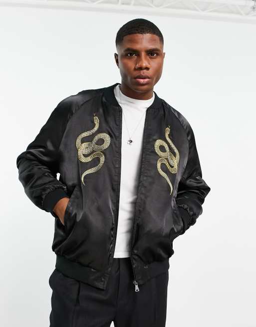 ASOS DESIGN embroidered satin varsity bomber jacket in black