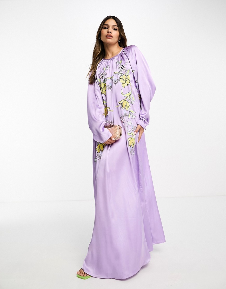 ASOS DESIGN embroidered satin volume sleeve midaxi dress in lilac-Purple