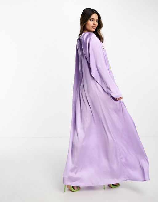 ASOS DESIGN embroidered satin volume sleeve midaxi dress in lilac
