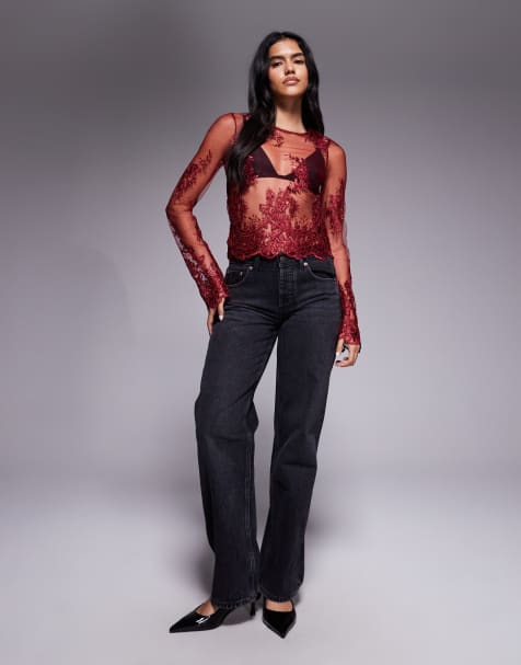 ASOS DESIGN embroidered scalloped long sleeve sheer top and mini skirt - view 1