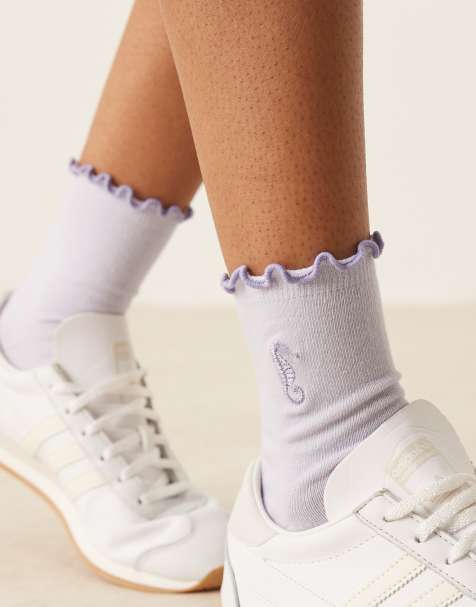 ASOS DESIGN embroidered sea horse socks in purple - view 1