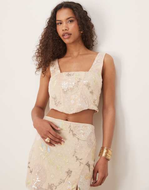 ASOS DESIGN embroidered & sequin co ord top in pink - view 1