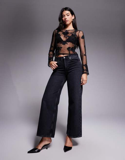 ASOS DESIGN embroidered sequin floral mesh long sleeve top with drip bead detail in black