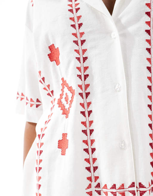 ASOS DESIGN embroidered shirt in red and white - part of a set , 4 of 4
