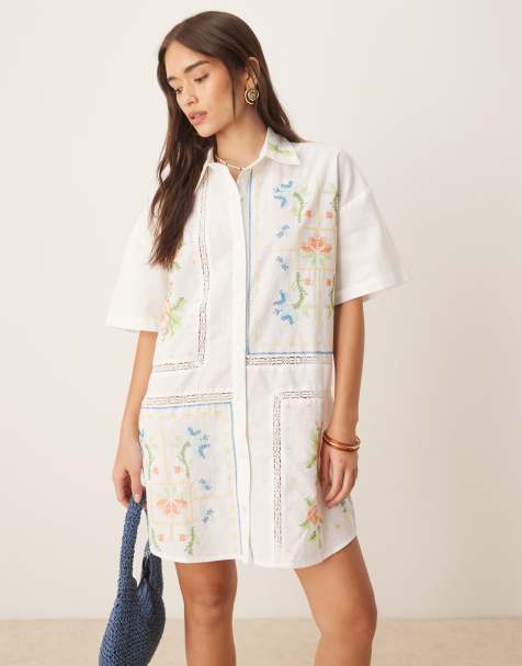 ASOS DESIGN embroidered shirt mini dress in cream - view 1