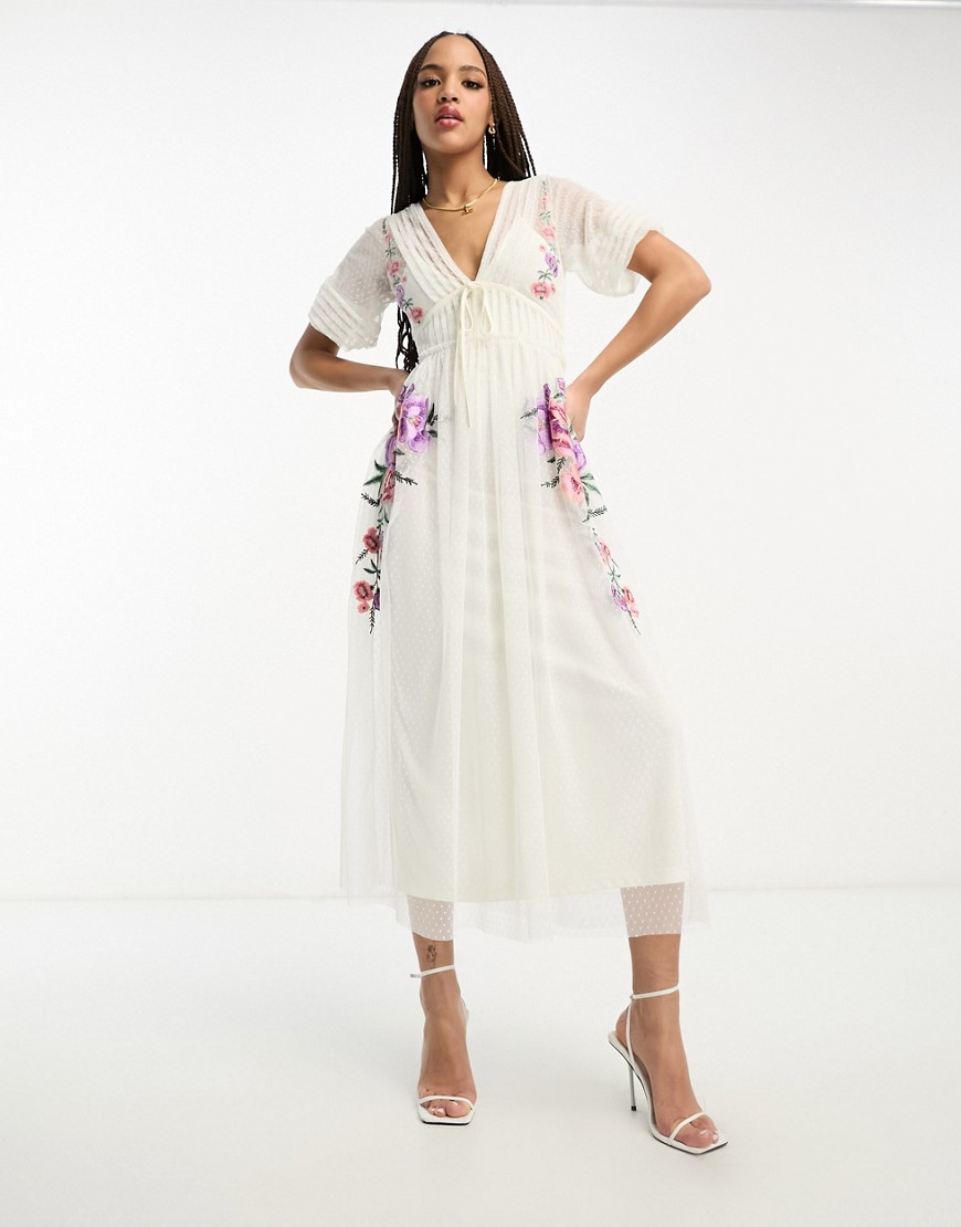 ASOS DESIGN embroidered short sleeve midi dress with dobby mesh in ivory-White