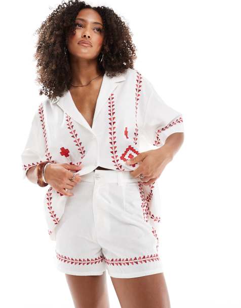 ASOS DESIGN embroidered shorts co-ord in red and white - view 1