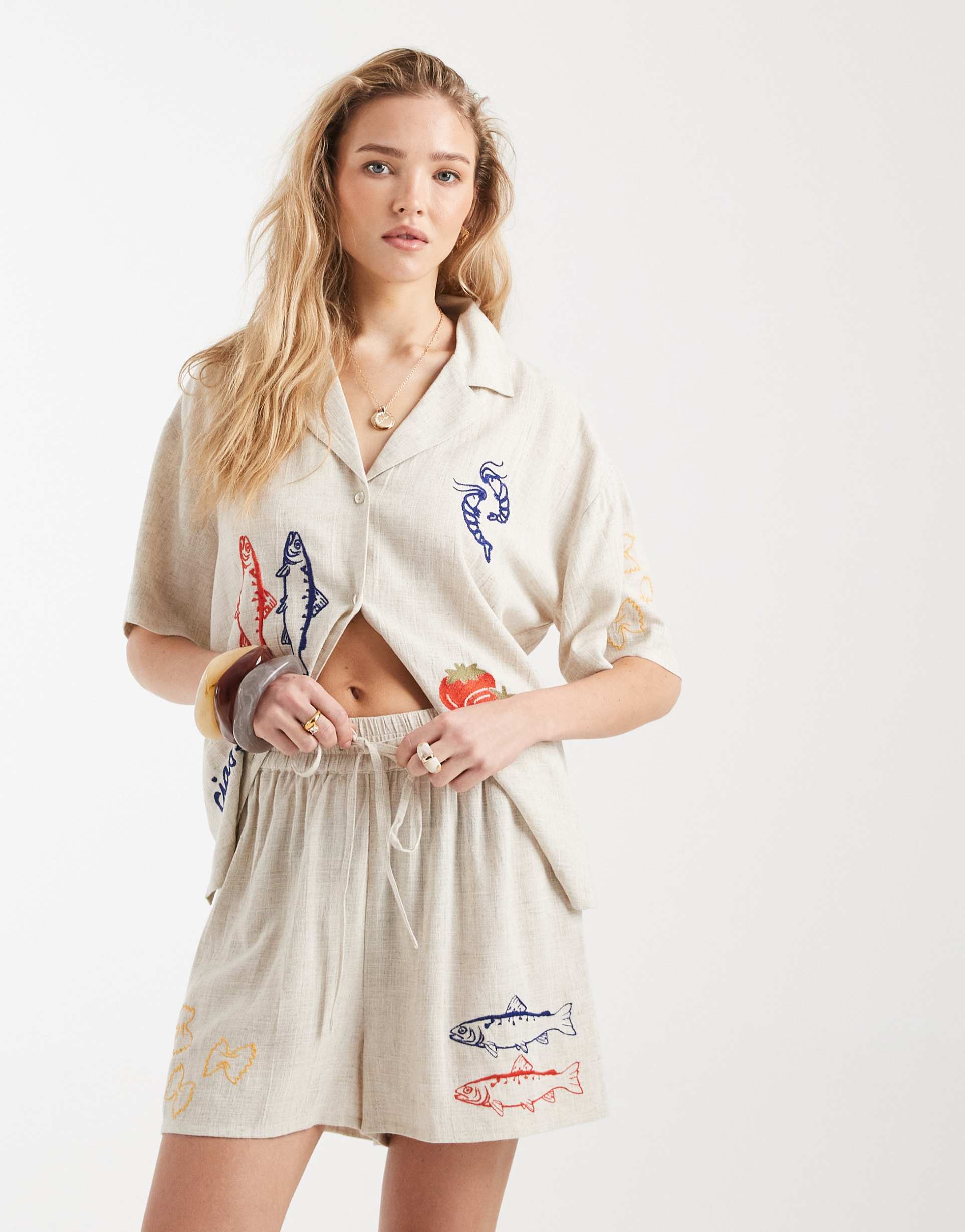 asos design embroidered shorts in ivory - part of a set