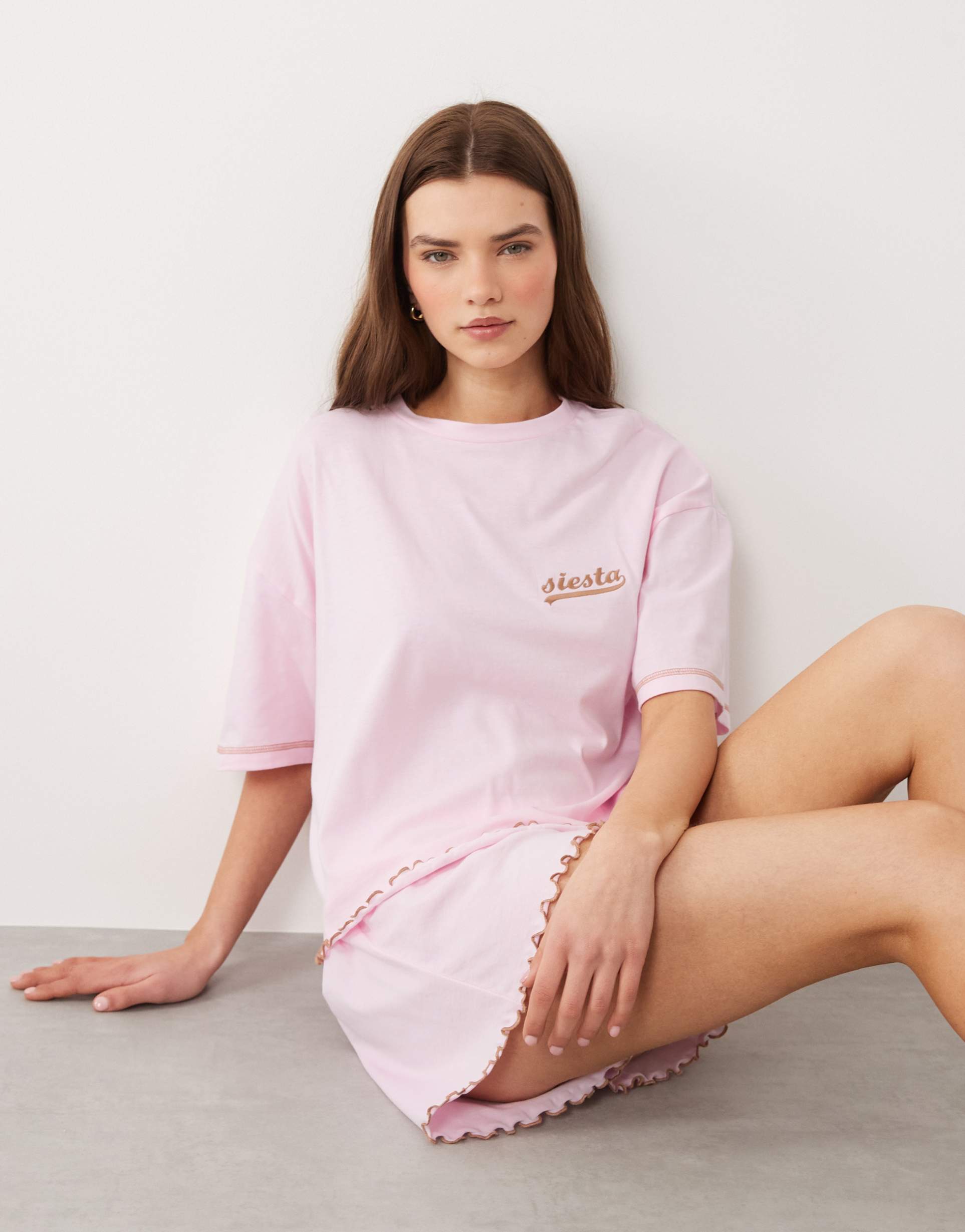 asos design embroidered siesta slogan short sleeve tee and shorts pajama set with lettuce edge in pink