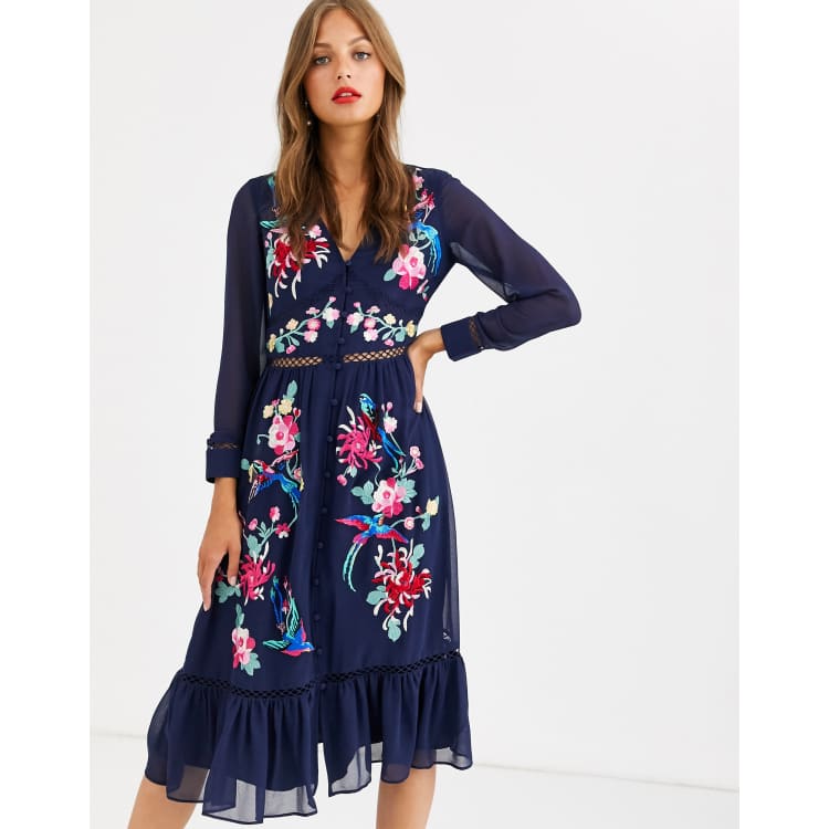ASOS DESIGN embroidered skater midi dress with lace trims and pephem in  navy | ASOS