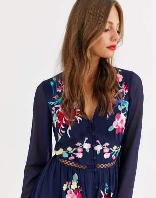 ASOS DESIGN embroidered skater midi dress with lace trims and pephem in  navy | ASOS