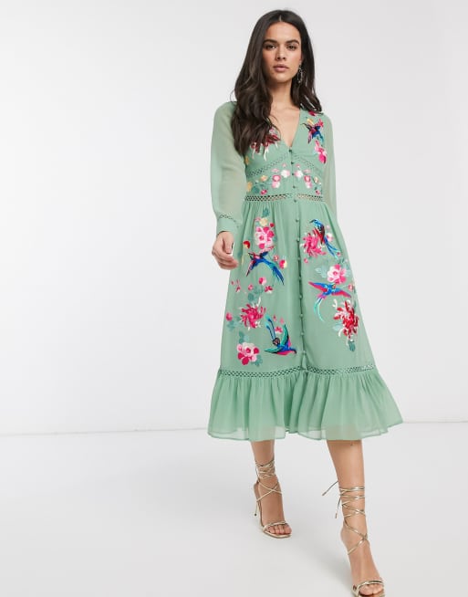 Asos design embroidered midi dress with lace clearance trims