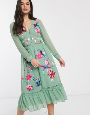 asos green embroidered dress