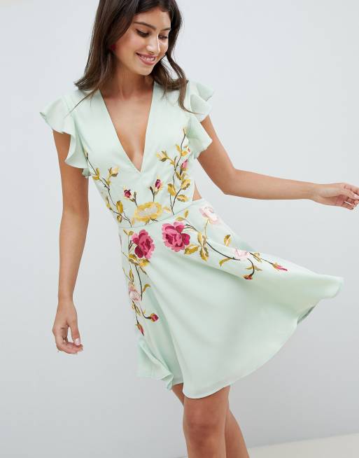 Asos design mini skater dress in pretty clearance embroidery