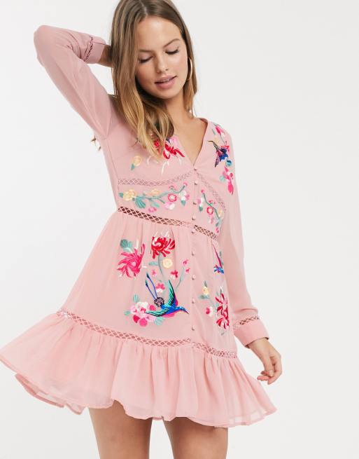 ASOS DESIGN embroidered skater mini dress with lace trims and pephem, 4 of 4