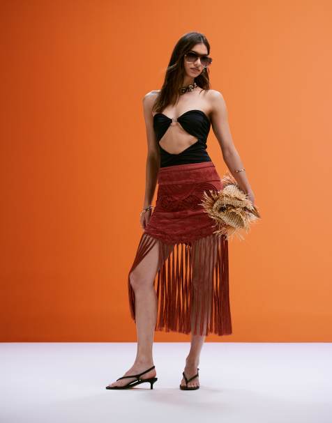ASOS DESIGN embroidered skirt with fringe detail in  burgundy - view 1