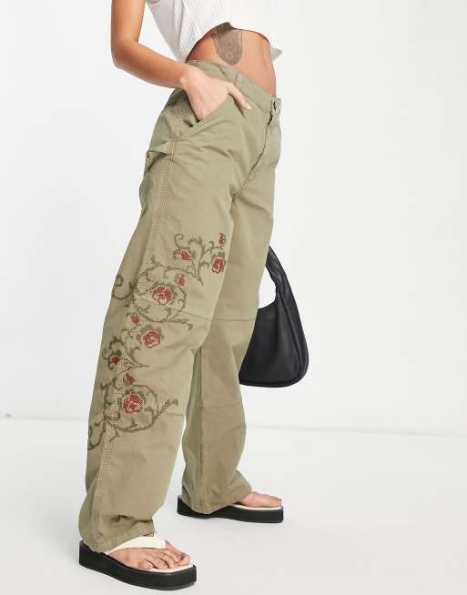 ASOS DESIGN embroidered slouchy cargo pants in khaki