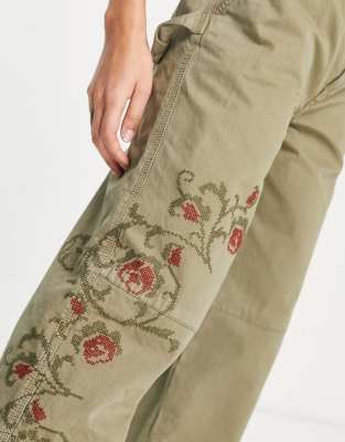 ★codegraphy★ Washed embroidery artwork cargo pants khaki C Los Angeles Embroidery Suede Quarter Zip Sweatshirt And