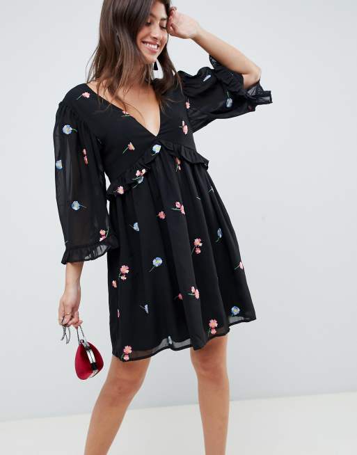 Embroidered smock mini dress