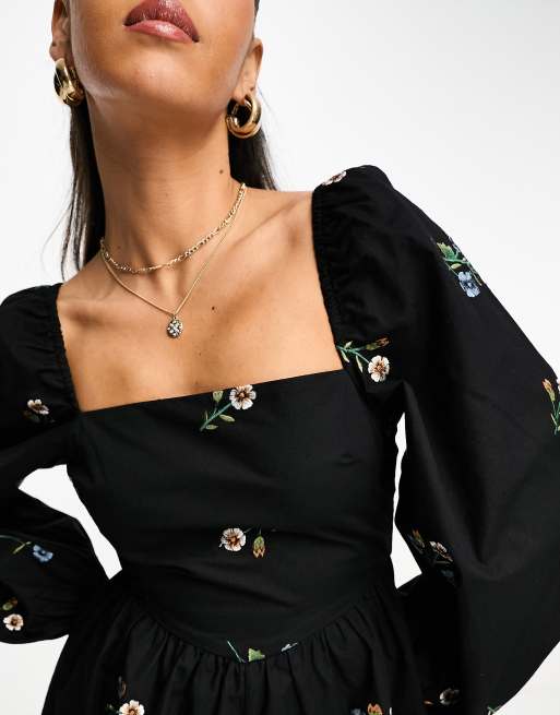 ASOS DESIGN embroidered square neck romper in black, 3 of 4