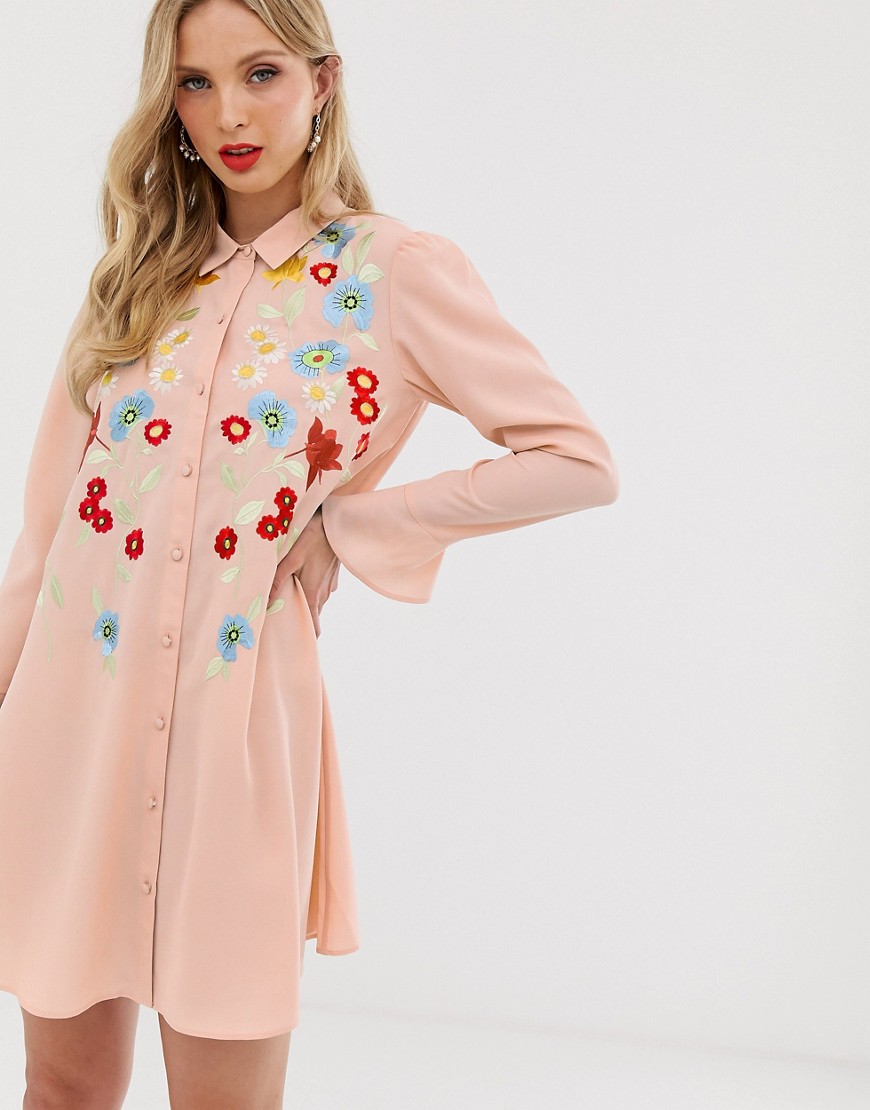 ASOS DESIGN embroidered swing mini shirt dress-Pink