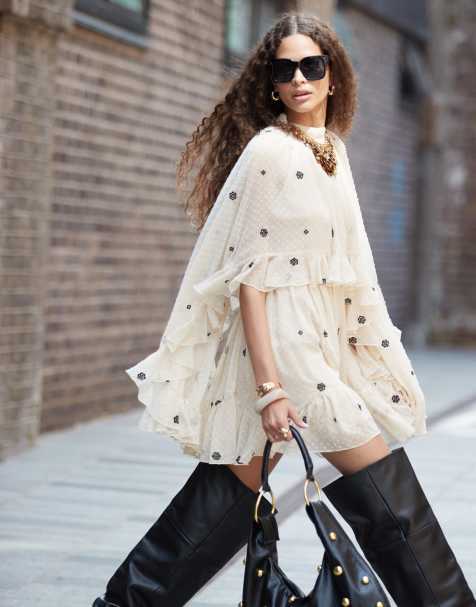 ASOS DESIGN embroidered textured cape overlay mini dress in cream - view 1