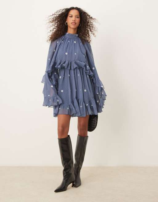ASOS DESIGN embroidered textured cape overlay mini dress in dusky blue