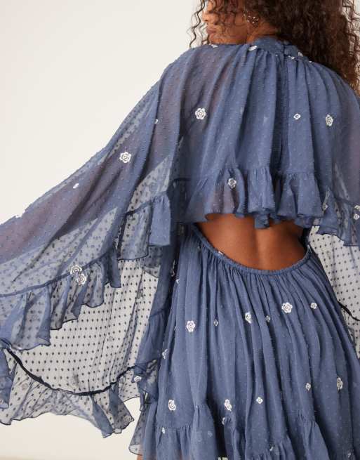 ASOS DESIGN embroidered textured cape overlay mini dress in dusky blue