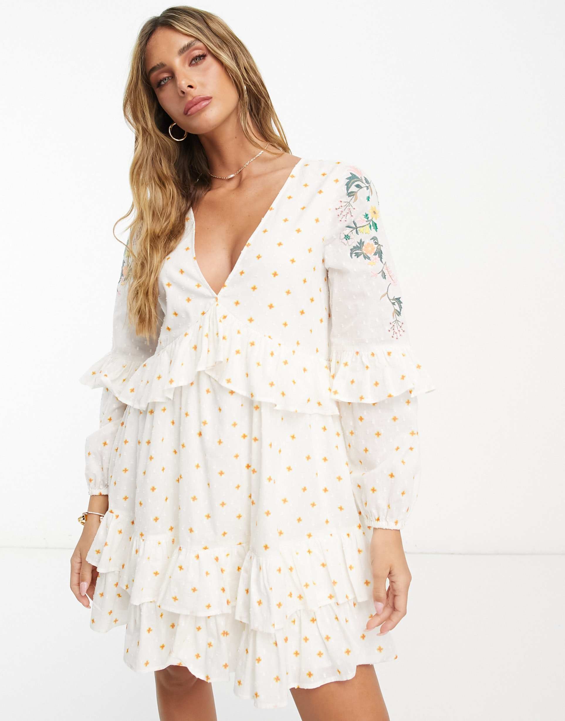 asos design embroidered textured mini smock dress with frill details in cream