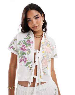 Asos Design Embroidered Tie Front Floral Shirt In White - Part Of A Set