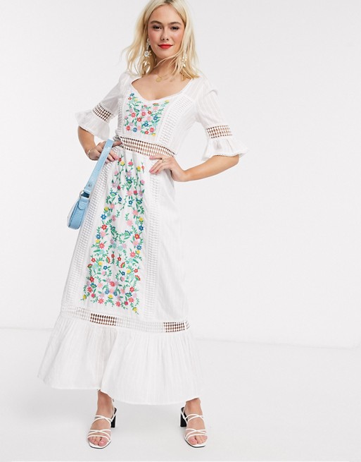 ASOS DESIGN embroidered tiered maxi dress with lace inserts in white