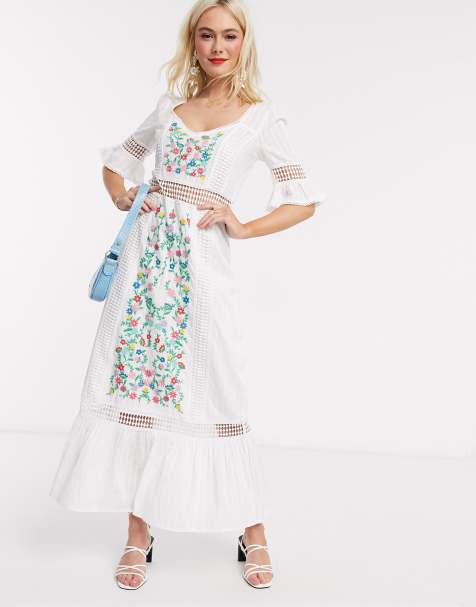 ASOS DESIGN embroidered tiered maxi dress with lace inserts in white